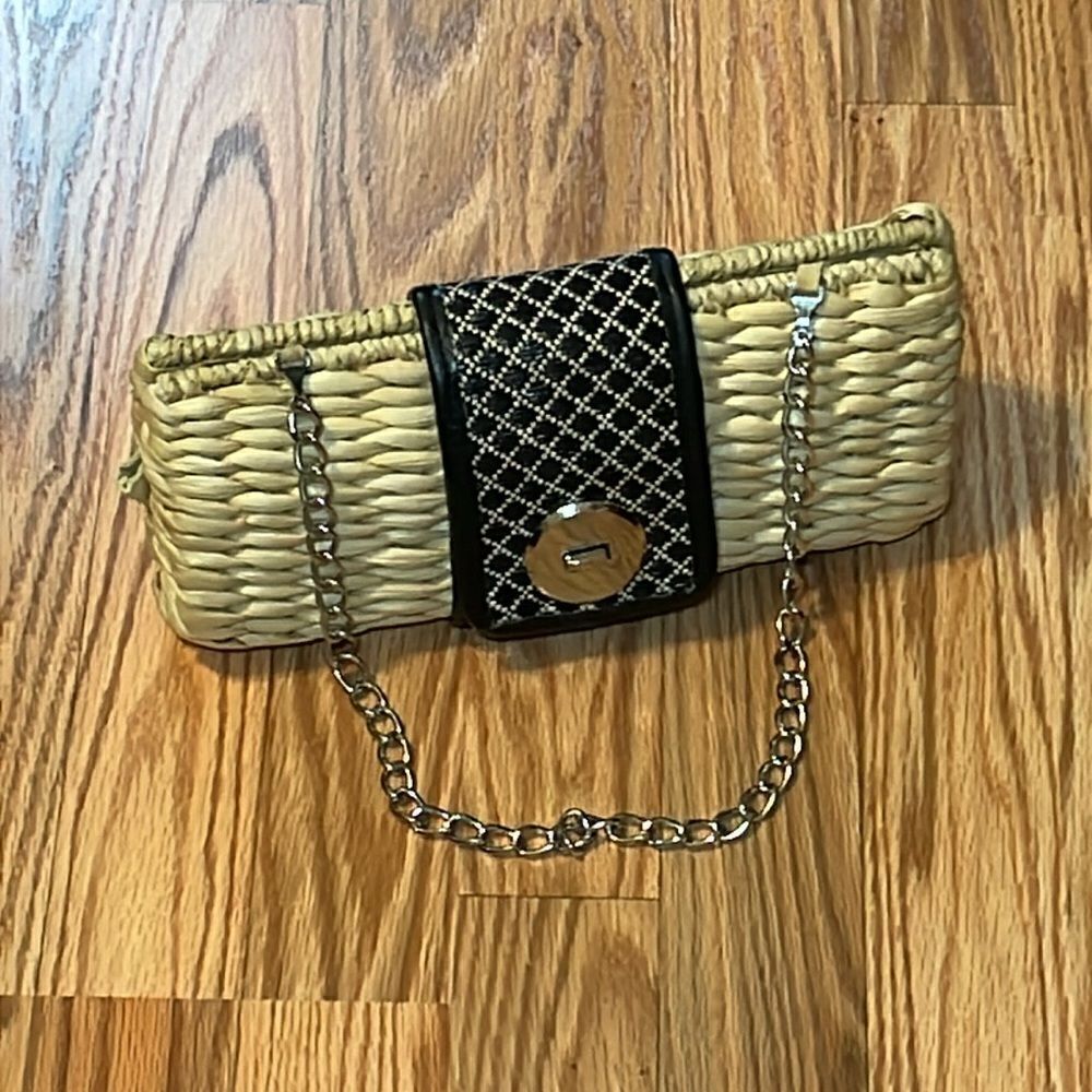 Woven Grass Handbag with Chain Strap, neutral, black, silver - Picture 2 of 6